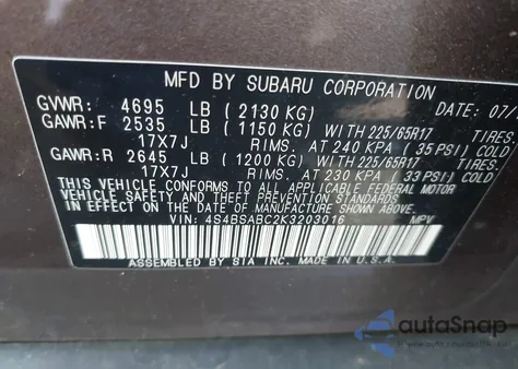 2019 Subaru Outback 2.5I из США, поврежденный, VIN 4S4BSABC2K3203016